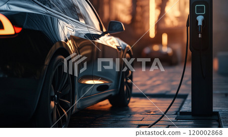 Black electric car on a charging station on the urban city street. EV charger handle plugged in, connected to electric automobile Eco-friendly vehicle This is AI-generated item 120002868