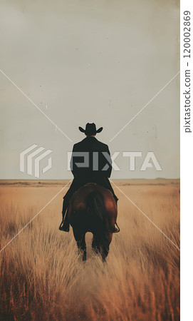 Silhouette of cocky cowboy man with hat on horseback in a field against sunset sky. Western style wallpaper with a guy riding black horse. Horseman. This is AI-generated item 120002869