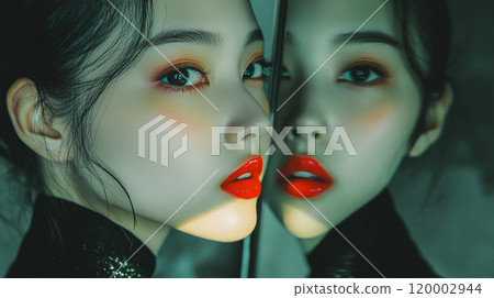 Asian glamorous young woman with white skin and dark hair, red lips admires her reflection in a mirror. Beautiful narcissist girl with stylish makeup. This is AI-generated item Asian glamorous young woman with white skin and dark hair, red lips admires her reflection in a mirror. Beautiful narcissist girl with stylish makeup. This is AI-generated item 120002944