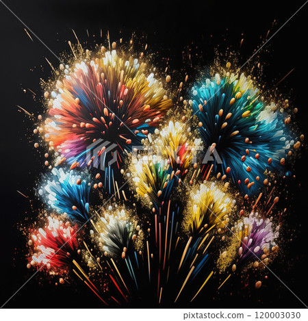 Abstract oil painting of fireworks with colorful explosions on black background. 120003030