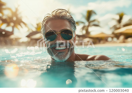 Smiling middle aged man in sunglasses enjoying a tropical resort pool on a sunny day. Smiling middle aged man in sunglasses enjoying a tropical resort pool on a sunny day. 120003040