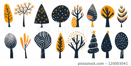Whimsical seasonal winter trees with geometric shapes and festive patterns. Whimsical seasonal winter trees with geometric shapes and festive patterns. 120003041