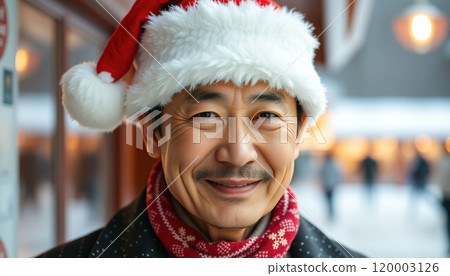 Japanese man wearing a Santa hat Japanese man wearing a Santa hat 120003126