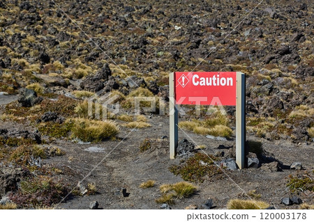 Caution sign board on mountain trail Caution sign board on mountain trail 120003178