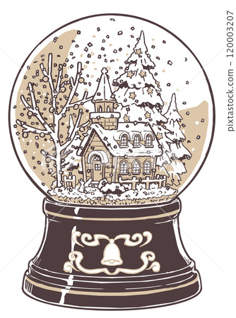 Snow globe with a rabbit in front of a church in the Christmas forest, brush-drawn and painted in two colors 120003207