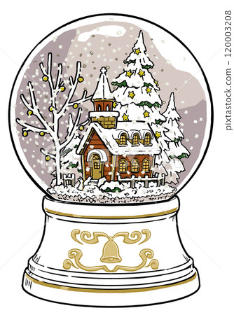 帶有白色底座的雪球，描繪了聖誕森林中一座點亮的教堂前的兔子。 120003208