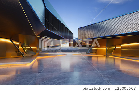 3d rendering of a futuristic plaza surrounded by angular modern buildings at sunset 120003508