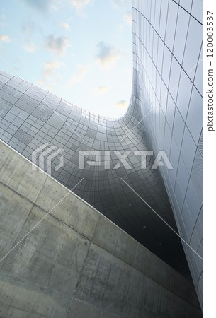Modern architecture building exterior showing concrete and metal facade 120003537