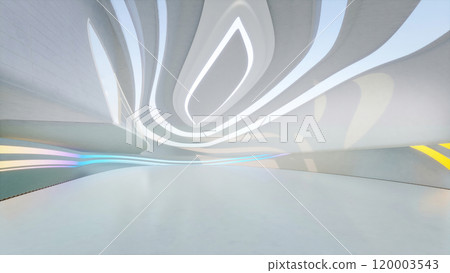 Abstract white building with curved walls and colored lights 3d rendering 120003543