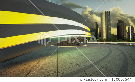 Futuristic building lighting up at sunset in a modern city 3d rendering 120003544