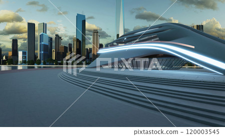 3D render a futuristic building with neon lights illuminating city skyline at dusk 3D render a futuristic building with neon lights illuminating city skyline at dusk 120003545