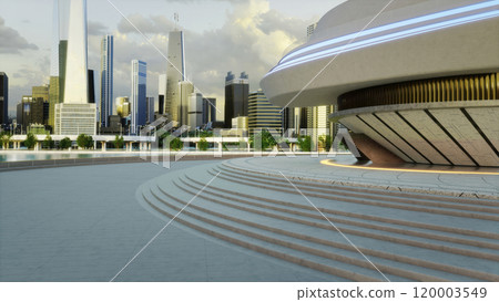 3D render a futuristic building overlooking modern city with river and skyline in background 120003549