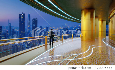Businessman looking at night city view from luxury terrace 3d rendering Businessman looking at night city view from luxury terrace 3d rendering 120003557