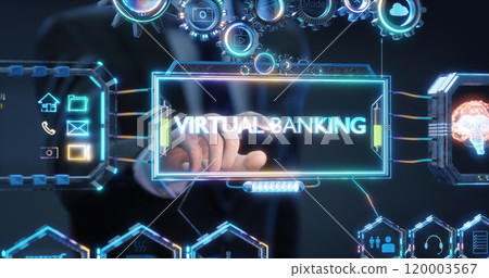 Businessman is choosing virtual banking on a futuristic touchscreen interface 120003567