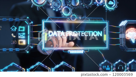 Businessman pointing at data protection on interactive interface with brain 3d rendering Businessman pointing at data protection on interactive interface with brain 3d rendering 120003569