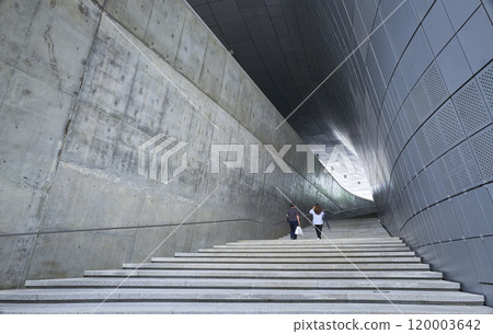 Couple walking up stairs in modern architectural building Couple walking up stairs in modern architectural building 120003642