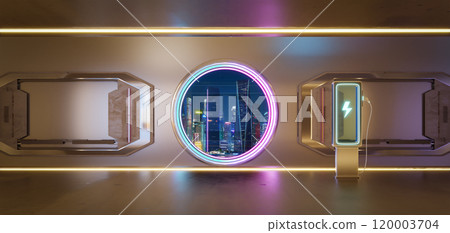 3D Futuristic corridor with neon lights 120003704