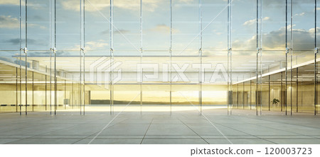 3D Modern office lobby with panoramic sunset view 120003723