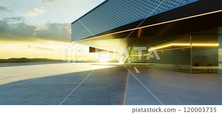 Modern building shining under the setting sun at sunset 120003735