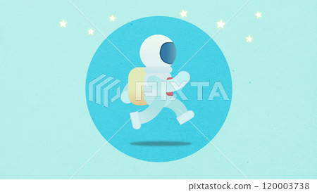 Dynamic illustration cartoon animation of an astronaut engaging in a running cycle through space 120003738