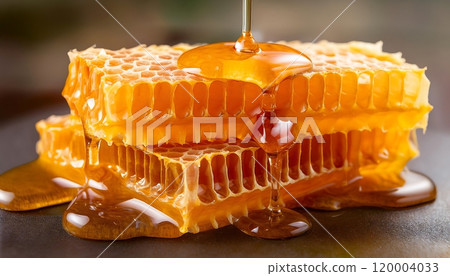 Honeycomb with golden honey dripping from hexagonal cells, showcasing a natural and sweet texture. Honeycomb with golden honey dripping from hexagonal cells, showcasing a natural and sweet texture. 120004033