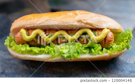 Hot dog on a bun, topped with mustard, guacamole and fresh salad. 120004148