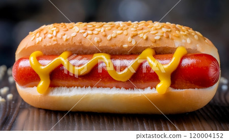 Hot dog with mustard and ketchup on a sesame seed bun. Hot dog with mustard and ketchup on a sesame seed bun. 120004152