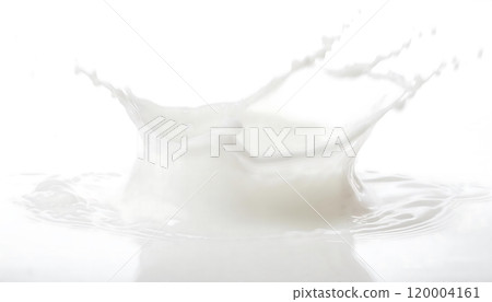 Milk drop on white background, capturing the moment of impact and the dynamic fluid shape created by the milk drop. 120004161
