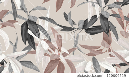 Foliage seamless pattern, colorful Cordyline fruticosa Firebrand plant on bright brown 120004319