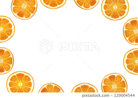 Bright citrus, orange slice oval frame in watercolor isolated on white background. High quality hand drawn art for packages, cards, posters, banners, menu, food logo, Christmas decor and design Bright citrus, orange slice oval frame in watercolor isolated on white background. High quality hand drawn art for packages, cards, posters, banners, menu, food logo, Christmas decor and design 120004544