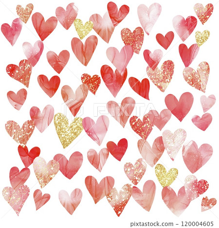 華麗的圖案插圖，飛舞著紅色、粉紅色和金色的心。 120004605