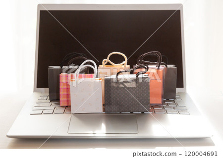 Online shopping, EC site, mail order site image, miniature shopper and computer Online shopping, EC site, mail order site image, miniature shopper and computer 120004691