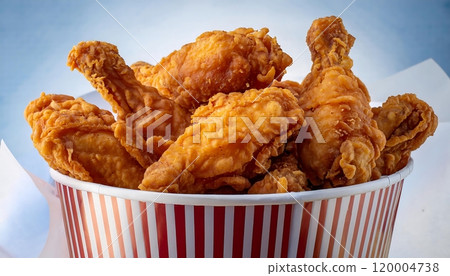 a paper bucket full of crispy fried chicken 120004738