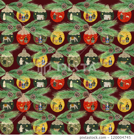 Christmas decorative balls with nativity scene, pine branch watercolor seamless pattern on burgundy background. Illustration for textile, wrapping paper, Christmas card, stickers, posters, advent Christmas decorative balls with nativity scene, pine branch watercolor seamless pattern on burgundy background. Illustration for textile, wrapping paper, Christmas card, stickers, posters, advent 120004745