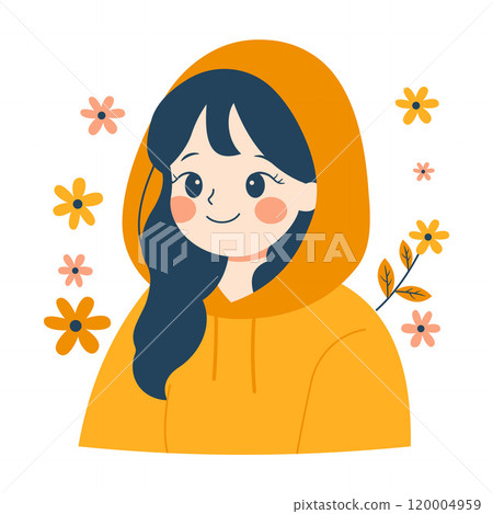 Smiling Cute Beautiful Girl Cartoon Character Wearing Warm Clothes with Flower Floral Decoration 120004959