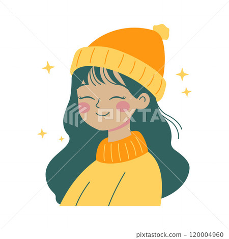 Friendly Smiling Cute Beautiful Girl Cartoon Character Wearing Hat and Warm Clothes 120004960