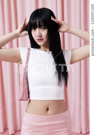 Korean Women in Their 20s Posing In White Cropped T Shirt and Pink Miniskirt 120005109