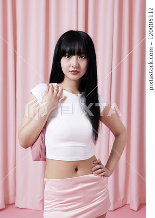 Korean Women in Their 20s Posing In White Cropped T Shirt and Pink Miniskirt 120005112