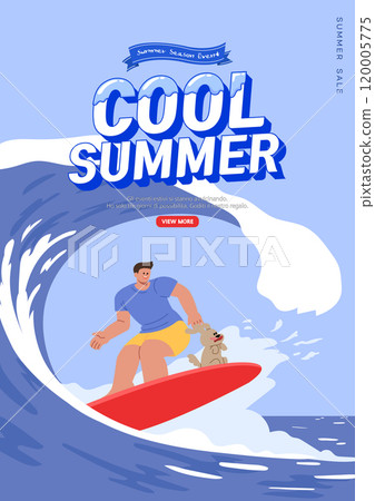 A scene where a man enjoys surfing in the sea with his dog 120005775