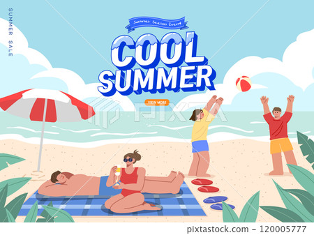 Beach ball players and people lying on the beach 120005777