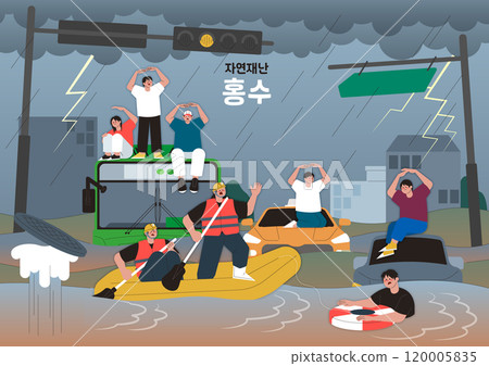 People and rescuers waiting to be rescued after lightning strikes and floods 120005835