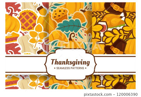 Festive Thanksgiving Day Seamless Pattern Template featuring Vibrant Flat Style Cartoon Elements for Seasonal Designs and Holiday Decorations 120006390