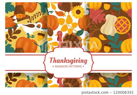 Festive Thanksgiving Day Seamless Pattern Template featuring Vibrant Flat Style Cartoon Elements for Seasonal Designs and Holiday Decorations Festive Thanksgiving Day Seamless Pattern Template featuring Vibrant Flat Style Cartoon Elements for Seasonal Designs and Holiday Decorations 120006391
