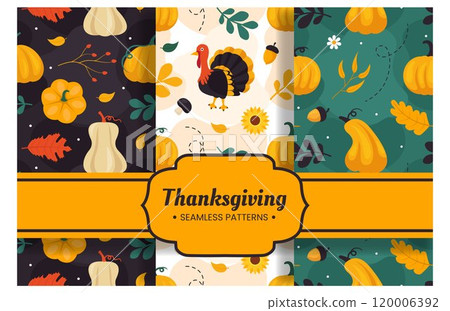 Festive Thanksgiving Day Seamless Pattern Template featuring Vibrant Flat Style Cartoon Elements for Seasonal Designs and Holiday Decorations 120006392