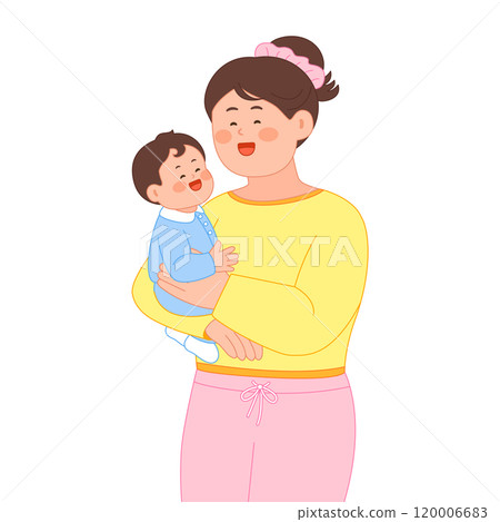 Mother smiling happily holding her child Mother smiling happily holding her child 120006683