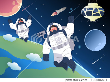 Astronauts wearing space suits and observing the Earth 120006801
