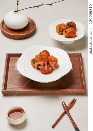 Dessert consisting of dried persimmons and traditional tea Dessert consisting of dried persimmons and traditional tea 120006810