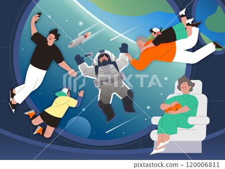 Space travelers on board a spacecraft wearing space suits and greeting astronauts in space 120006811