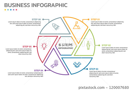 Visual data presentation. Cycle diagram with 6 options. Pie Chart Circle thin line infographic template with 6 steps, options, parts, segments. Business concept. Marketing infographic vector 120007680