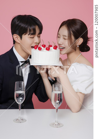 Newlywed couple smiling happily holding wedding cake 120007985